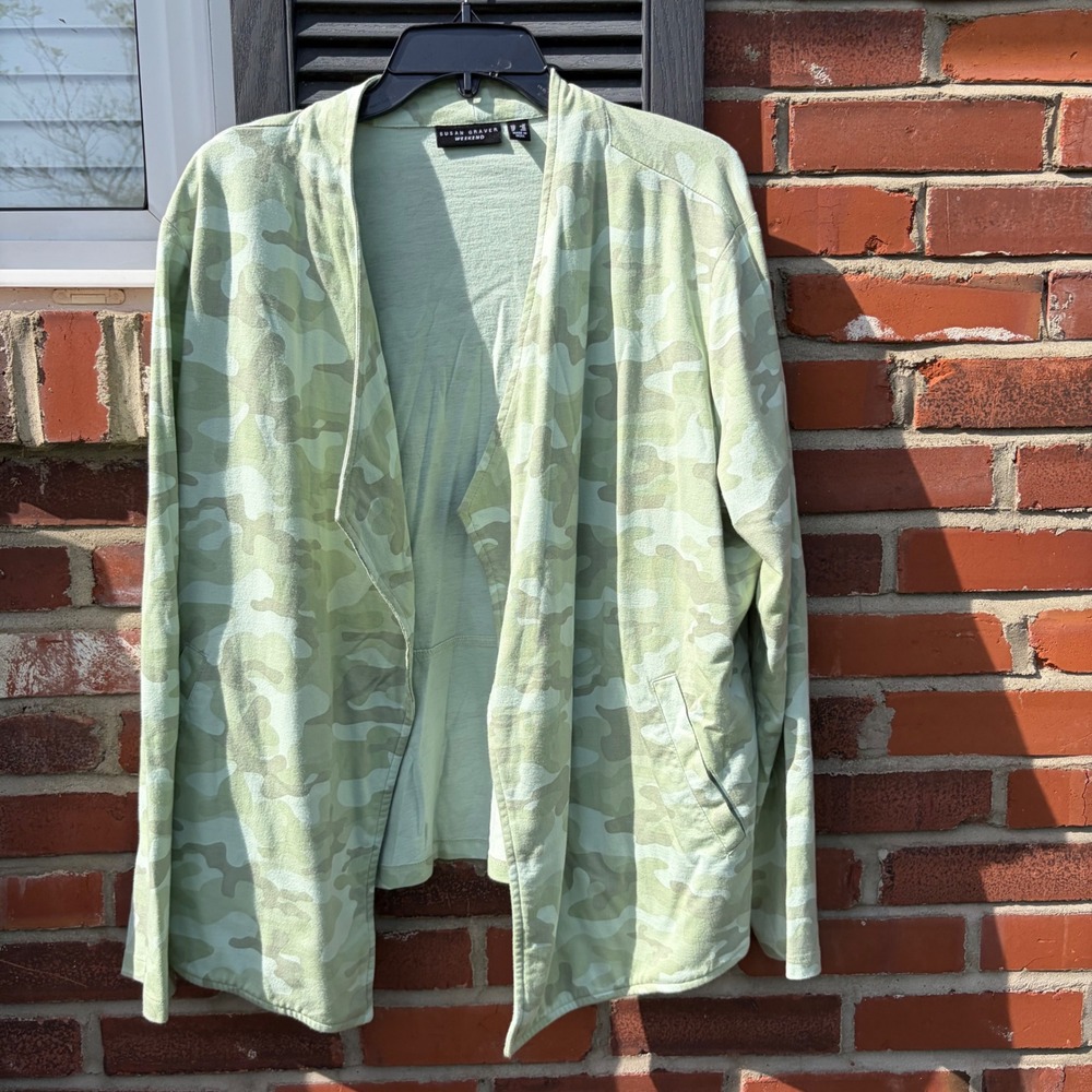 Susan‎ Graver Weekend Sage Green Camo Open Front Cotton Cardigan 1X Plus Size
